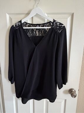 bobeau Black Lace-Trim Wrap Blouse